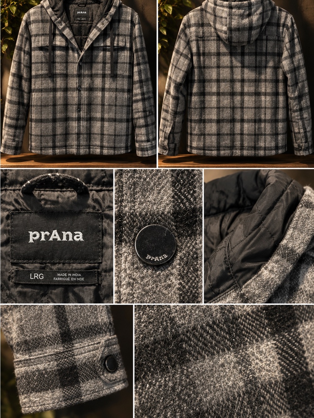 Prana Men’s Gray & Black Plaid Hooded Overshirt